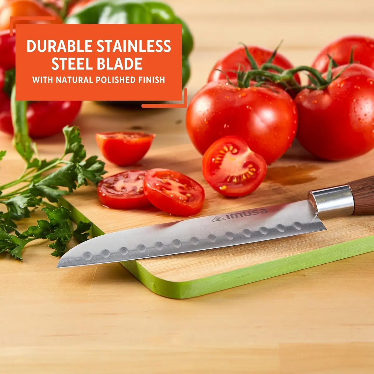 Imusa 6 Inch Stainless Steel Santoku Knife with Woodlook Handle | Rust-Proof Blade for Precision Slicing - view 3