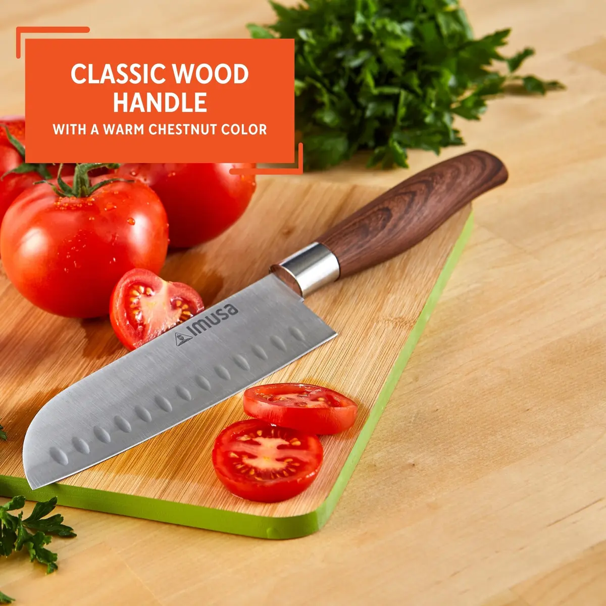 Imusa 6 Inch Stainless Steel Santoku Knife with Woodlook Handle | Rust-Proof Blade for Precision Slicing - view 4