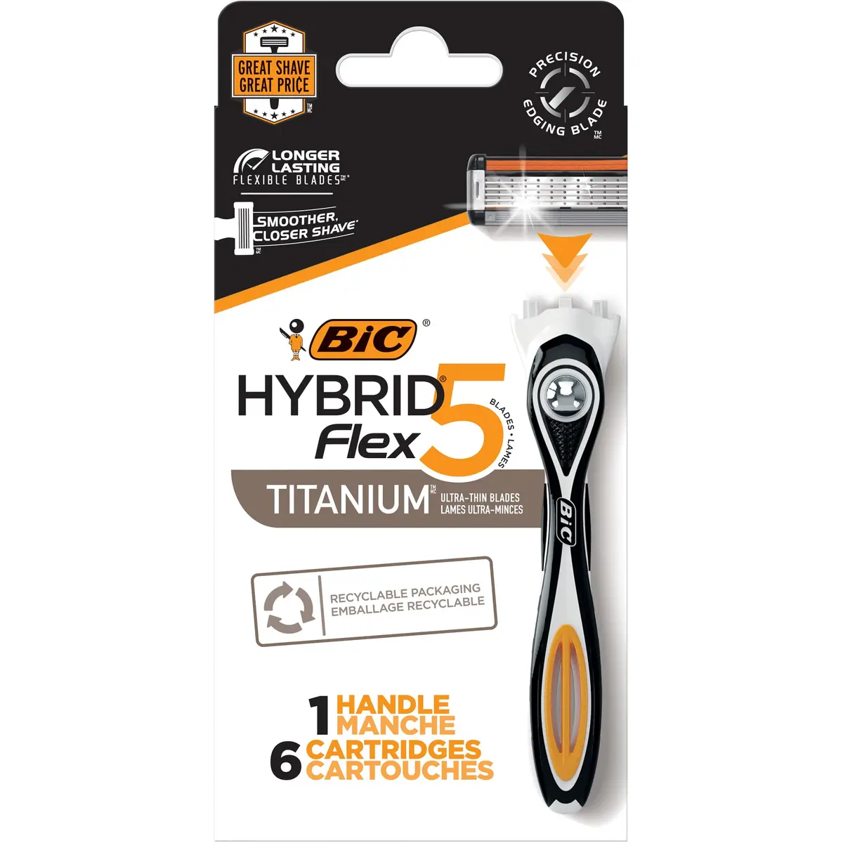 BIC Flex 5 Hybrid Disposable Razors for Men | 1 Handle & 6 Cartridges, 5 Blades, Recycled Plastic Handle, Recyclable Packaging - main product image