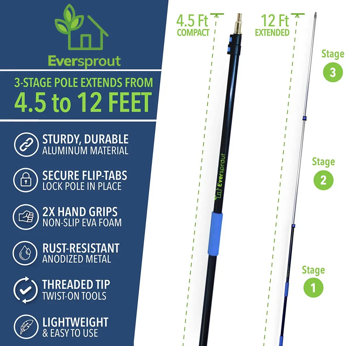 EVERSPROUT Swivel Squeegee & Microfiber Window Scrubber with 5-13ft Extension Pole | Cleans Up to 20ft Reach - view 6