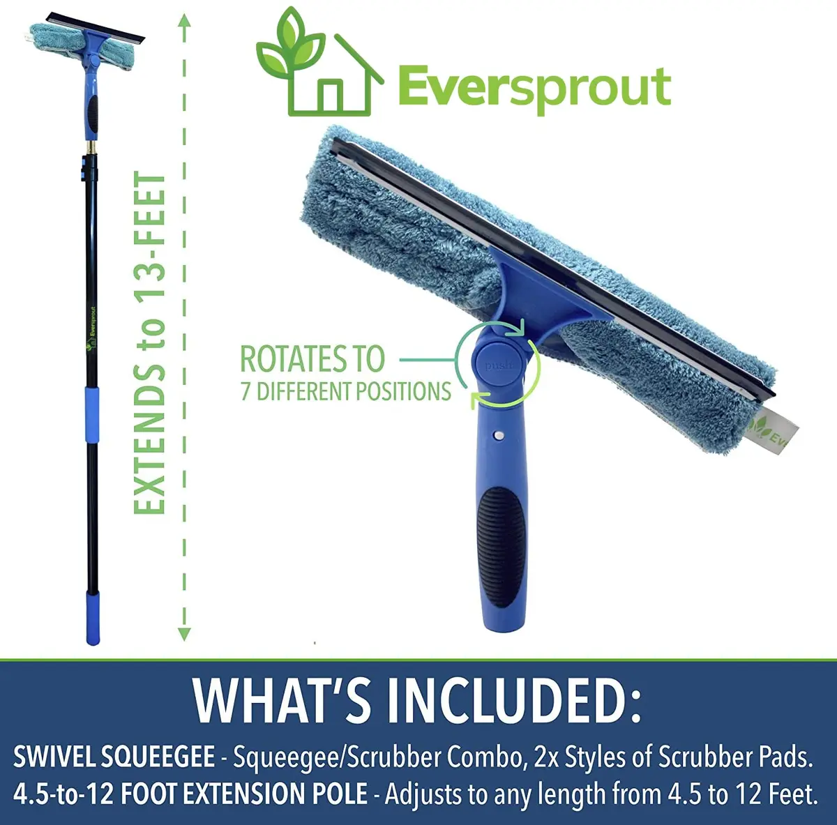 EVERSPROUT Swivel Squeegee & Microfiber Window Scrubber with 5-13ft Extension Pole | Cleans Up to 20ft Reach - view 2