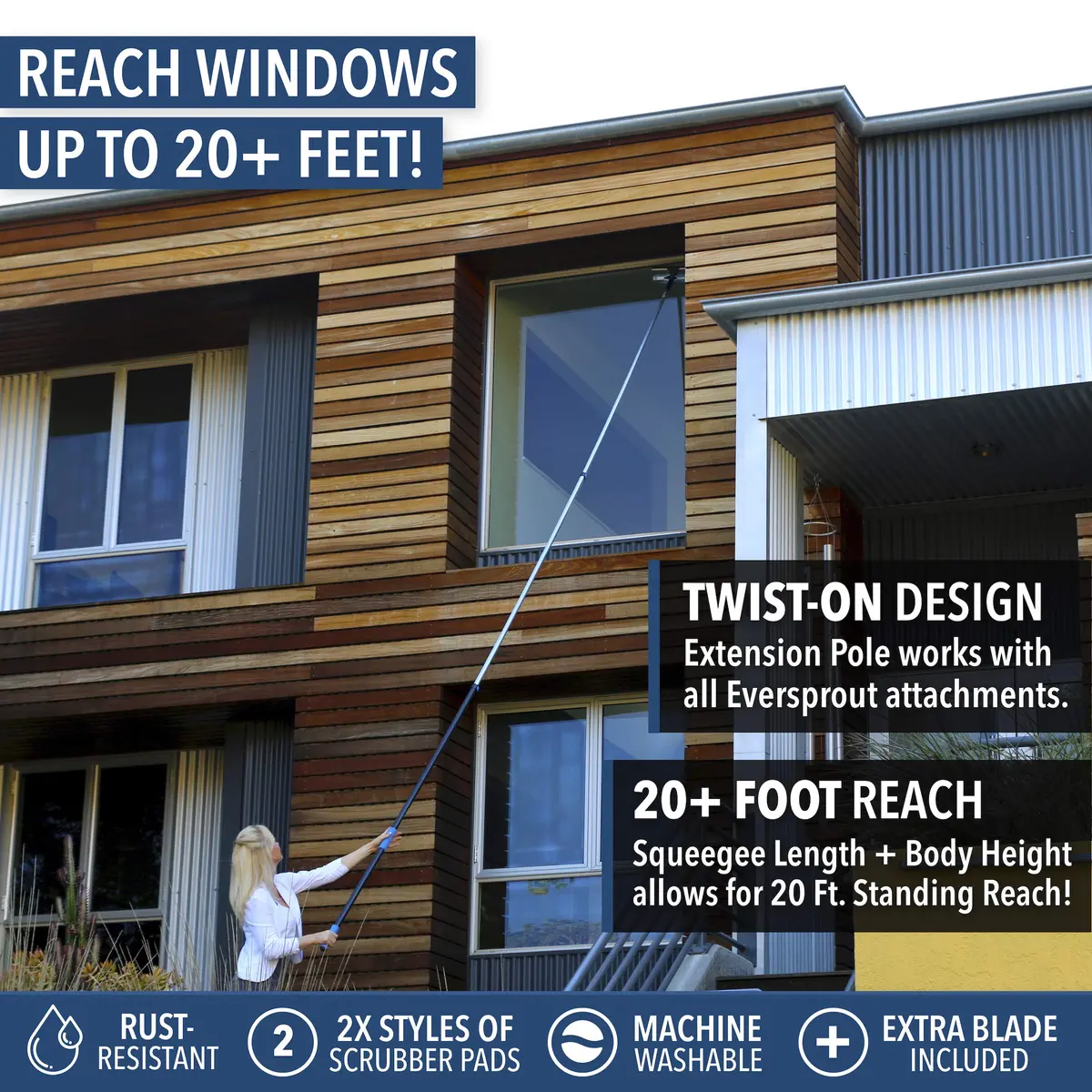 EVERSPROUT Swivel Squeegee & Microfiber Window Scrubber with 5-13ft Extension Pole | Cleans Up to 20ft Reach - view 3