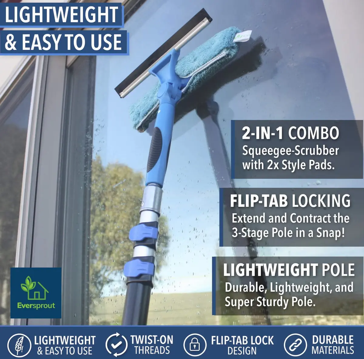 EVERSPROUT Swivel Squeegee & Microfiber Window Scrubber with 5-13ft Extension Pole | Cleans Up to 20ft Reach - view 4