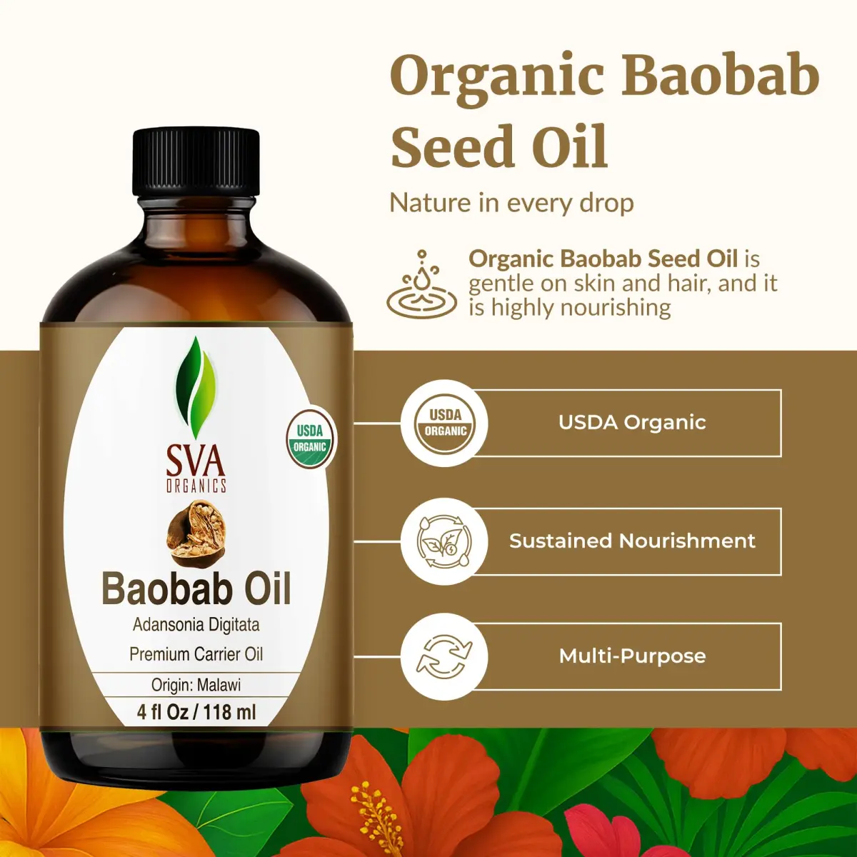 SVA ORGANICS Baobab Seed Carrier Oil 118 ml (4 Fl Oz) | Cold-Pressed, Organic, Multi-Use for Skin & Hair - view 2