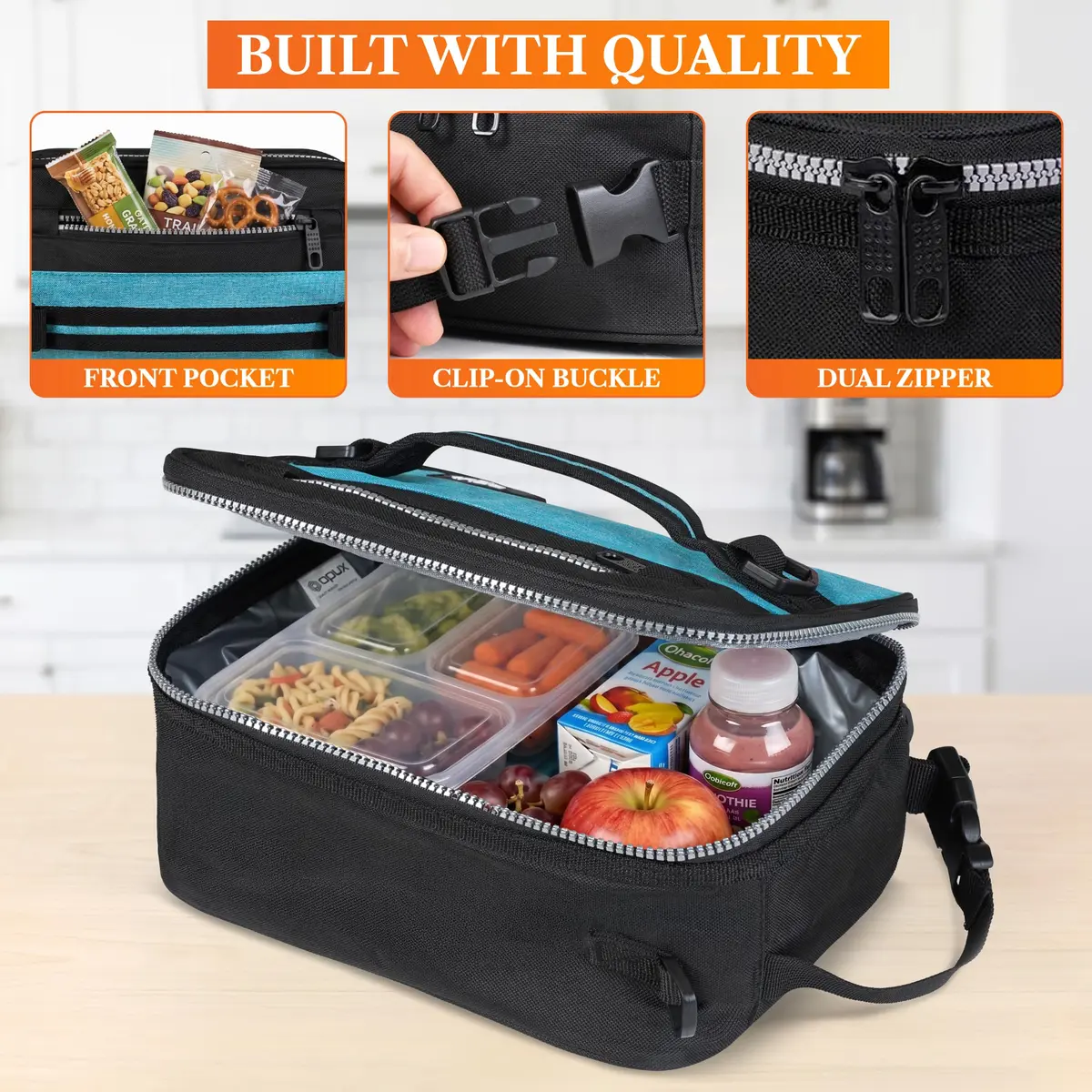 opux Insulated Lunch Bag for Men Women Kids, Soft Lunch Box, Heather Sea Blue | 7L (12 cans) Capacity - view 5