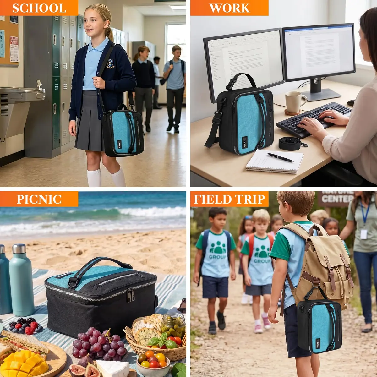 opux Insulated Lunch Bag for Men Women Kids, Soft Lunch Box, Heather Sea Blue | 7L (12 cans) Capacity - view 7