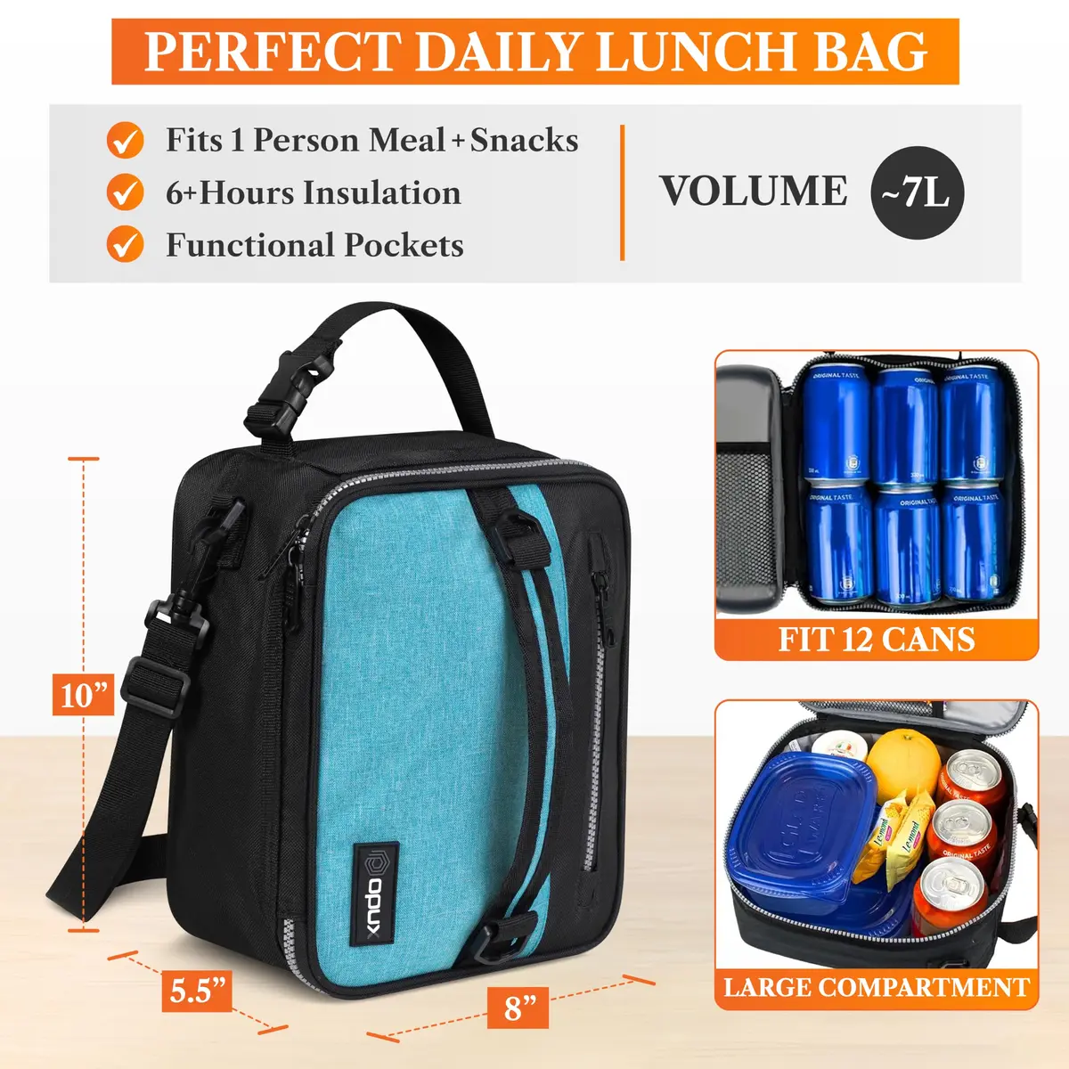 opux Insulated Lunch Bag for Men Women Kids, Soft Lunch Box, Heather Sea Blue | 7L (12 cans) Capacity - view 2