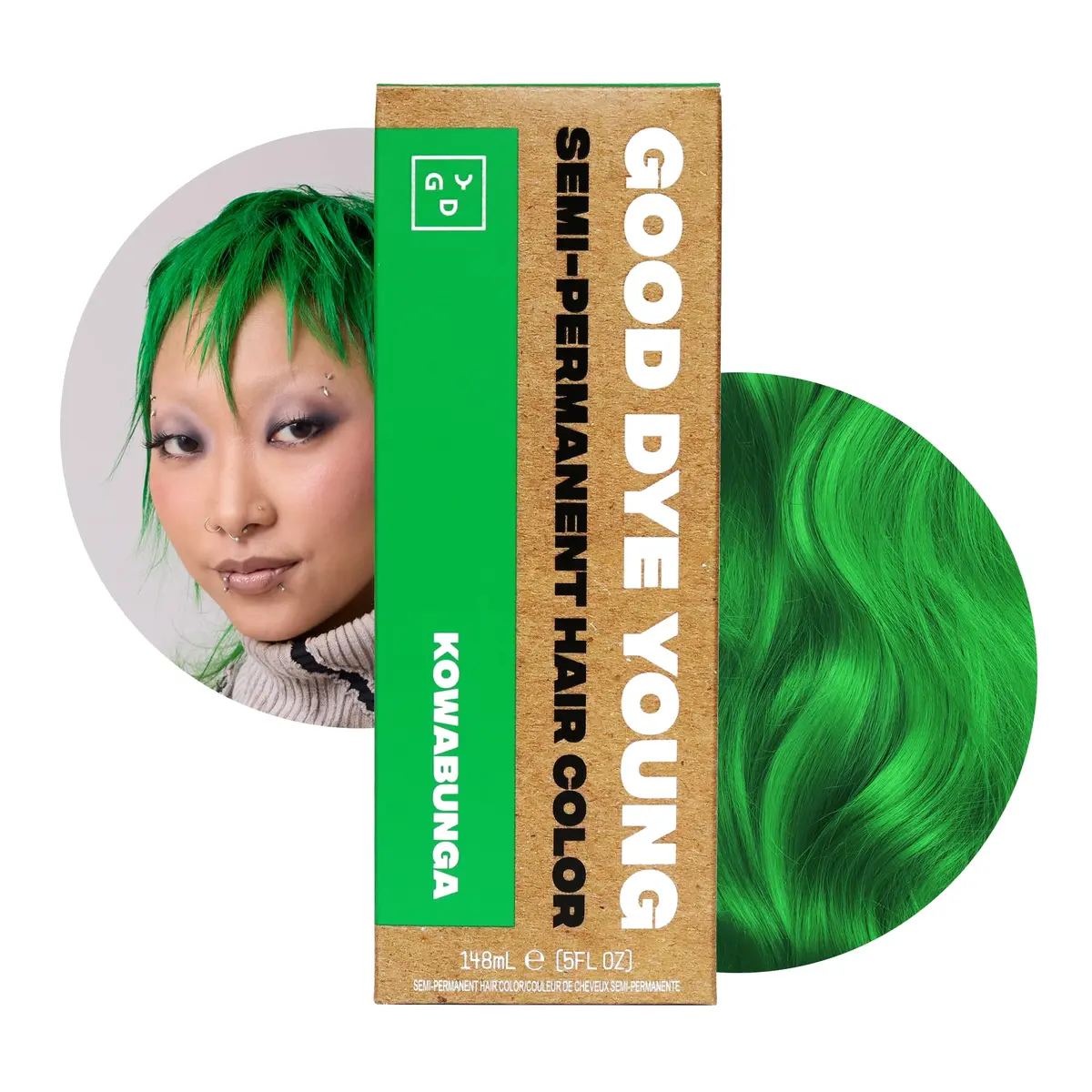 Good Dye Young Semi-Permanent Hair Color, Vegan & Cruelty-Free Green Hair Dye, Lasts 15-24+ Washes (5 fl oz, Kowabunga) | Bold UV Color - main product image