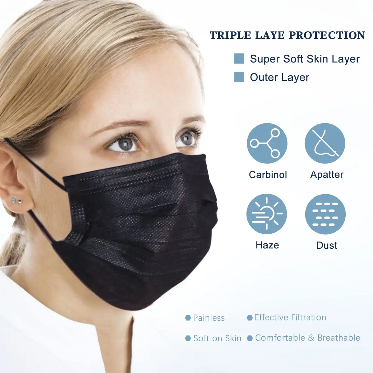 SOOQOO 3-Ply Black Disposable Face Masks 100 Count | Filter Protection Masks for Unisex Adults - view 5