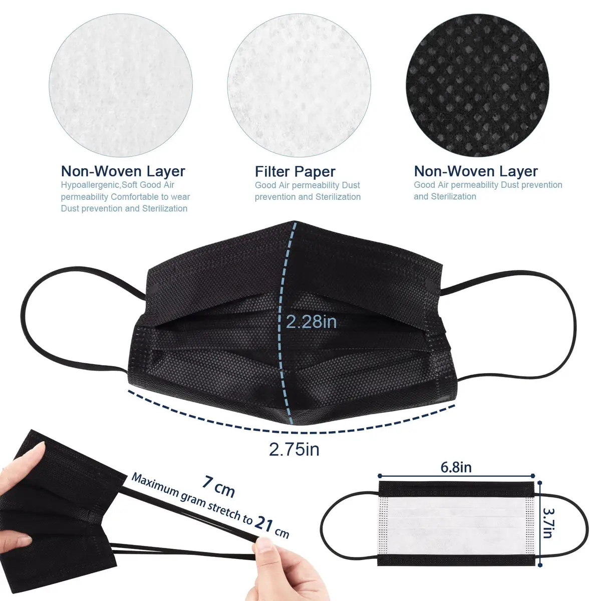 SOOQOO 3-Ply Black Disposable Face Masks 100 Count | Filter Protection Masks for Unisex Adults - view 2