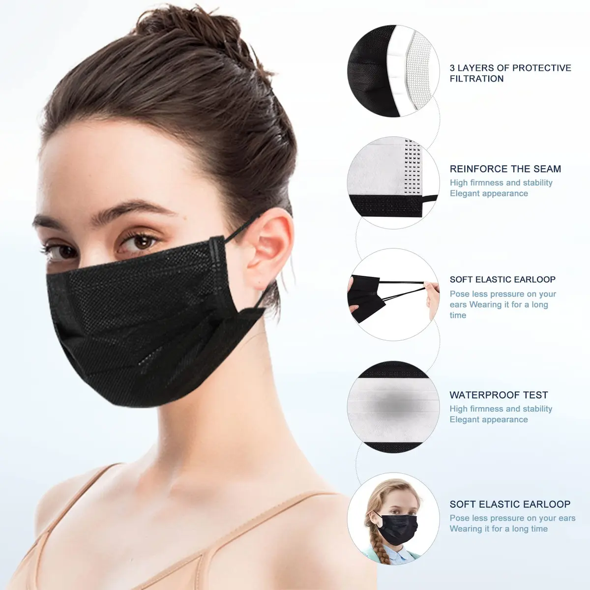 SOOQOO 3-Ply Black Disposable Face Masks 100 Count | Filter Protection Masks for Unisex Adults - view 3