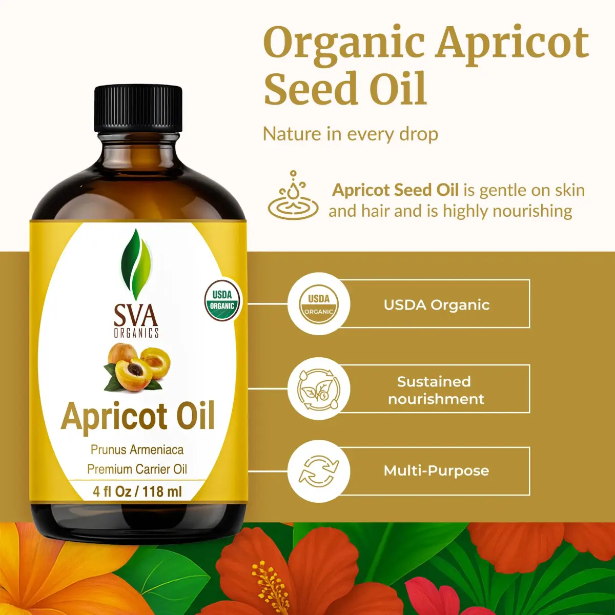 SVA Organics Apricot Kernel Carrier Oil - 4 Fl Oz (118 ml) | Pure & Natural, with Dropper - view 2