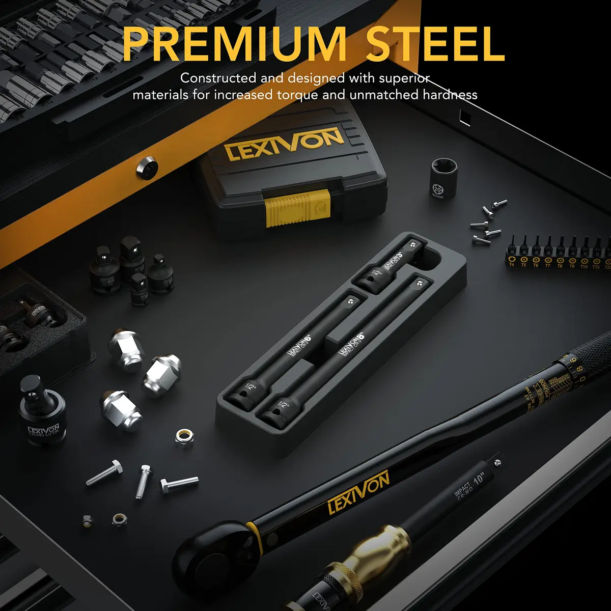 LEXIVON 1/2" Drive Impact Driver Extension Bar Set 3-Piece 3" 6" & 8" Long | Hardened Chrome Vanadium Steel - view 3