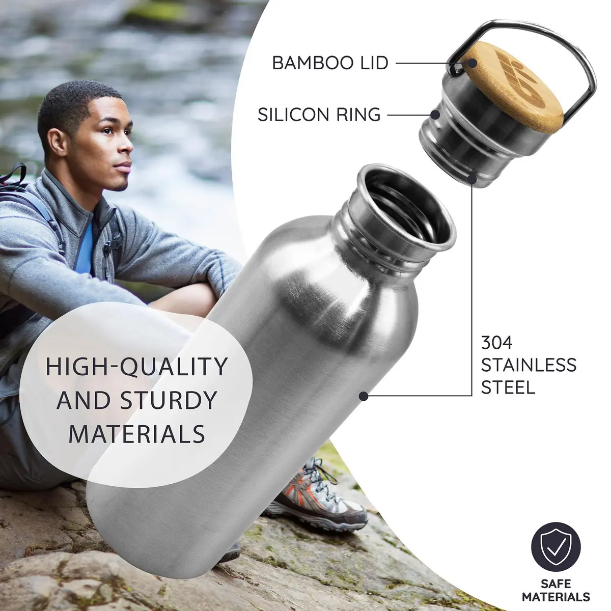 Bambaw Stainless Steel Water Bottle 32 oz | Eco-Friendly, Reusable & Durable, Non-insulated, Dishwasher Safe, Silver - view 2