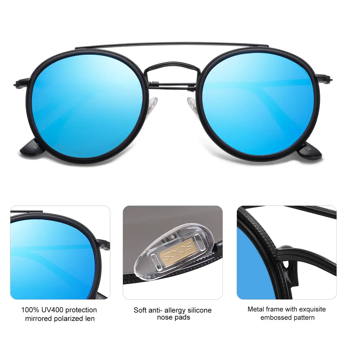 SOJOS Retro Vintage Round Polarized Sunglasses for Women Men Small Double Bridge Circle Sunnies SJ1104, Black/Blue Mirrored - view 5