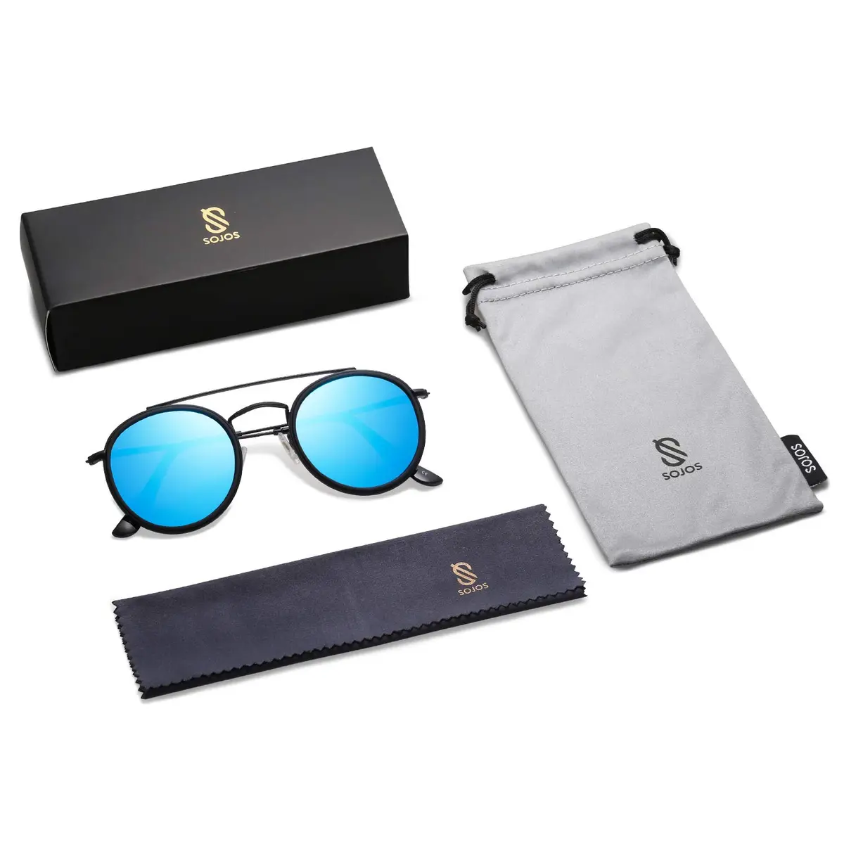 SOJOS Retro Vintage Round Polarized Sunglasses for Women Men Small Double Bridge Circle Sunnies SJ1104, Black/Blue Mirrored - view 7