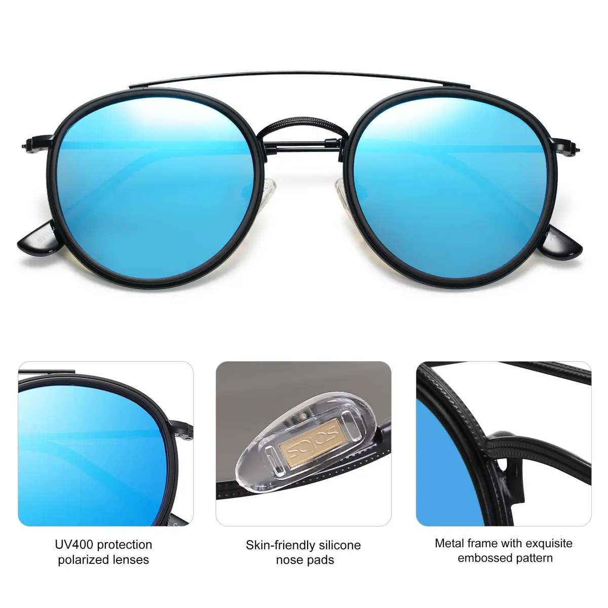 SOJOS Retro Vintage Round Polarized Sunglasses for Women Men Small Double Bridge Circle Sunnies SJ1104, Black/Blue Mirrored - view 3