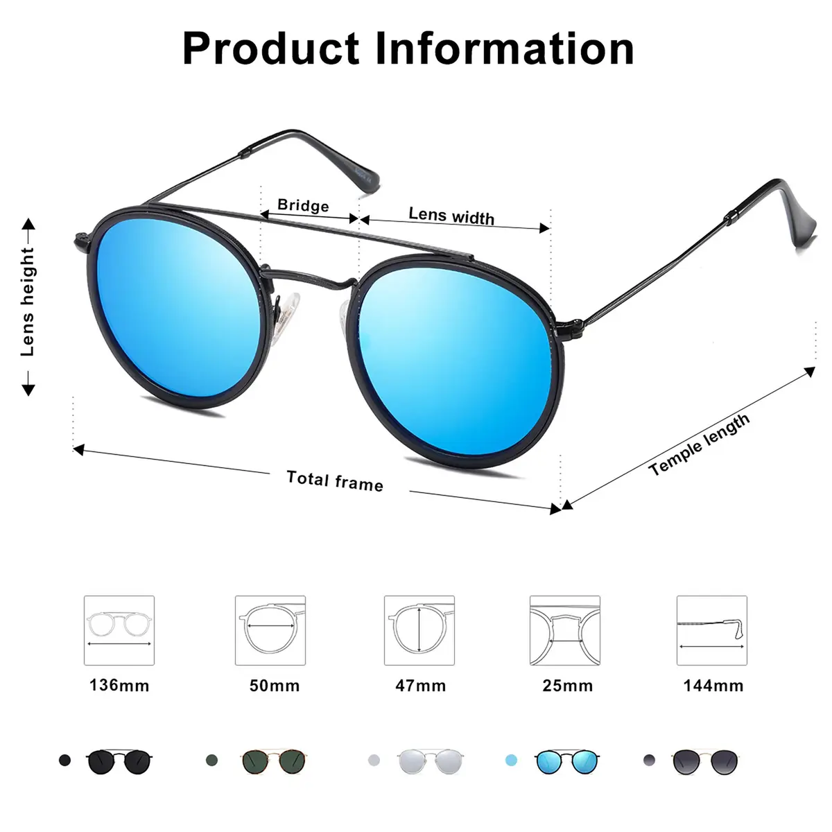 SOJOS Retro Vintage Round Polarized Sunglasses for Women Men Small Double Bridge Circle Sunnies SJ1104, Black/Blue Mirrored - view 4