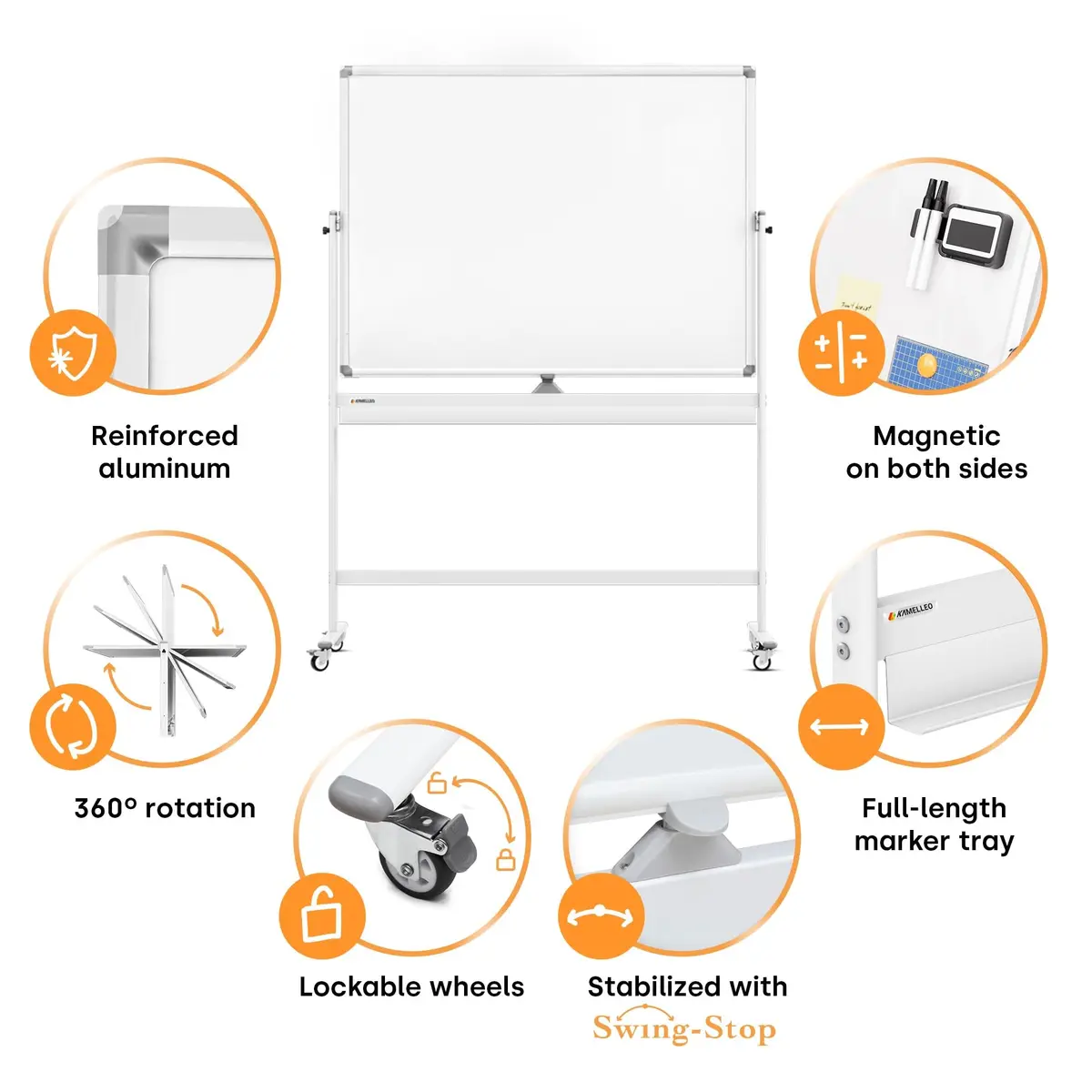 Kamelleo Rolling Whiteboard on Wheels 48" x 36" | Double Sided Magnetic White Board - view 3