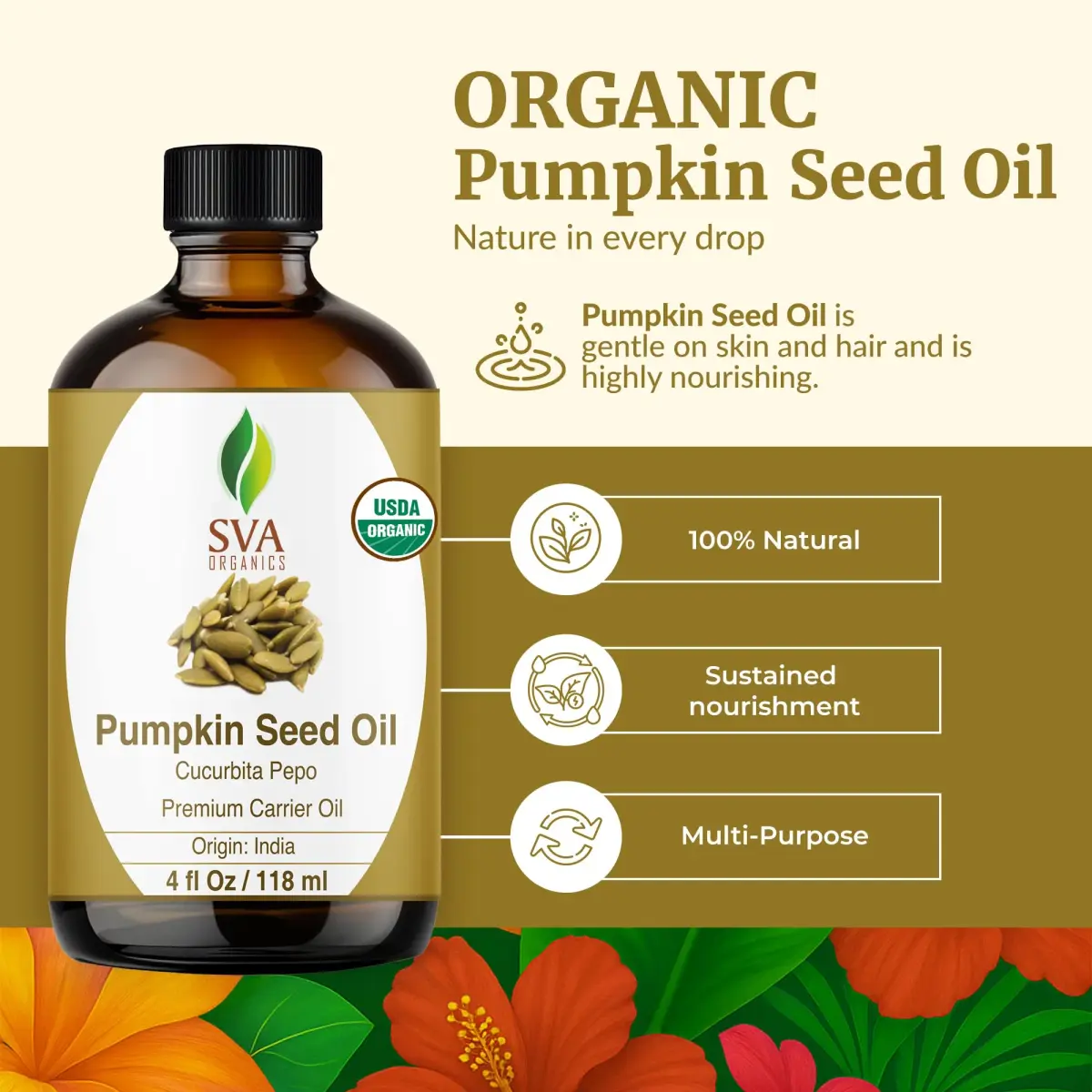 SVA Organics Pumpkin Seed Oil 4 Fl Oz (118 ml) - Pure, Cold-Pressed Carrier Oil - view 2