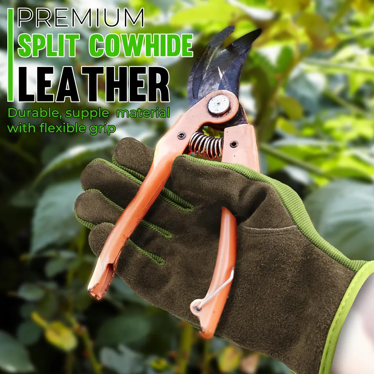 HANDLANDY Leather Gardening Gloves, Leather Work Gloves, Green, Large | Durable Cowhide & Breathable Spandex - view 2