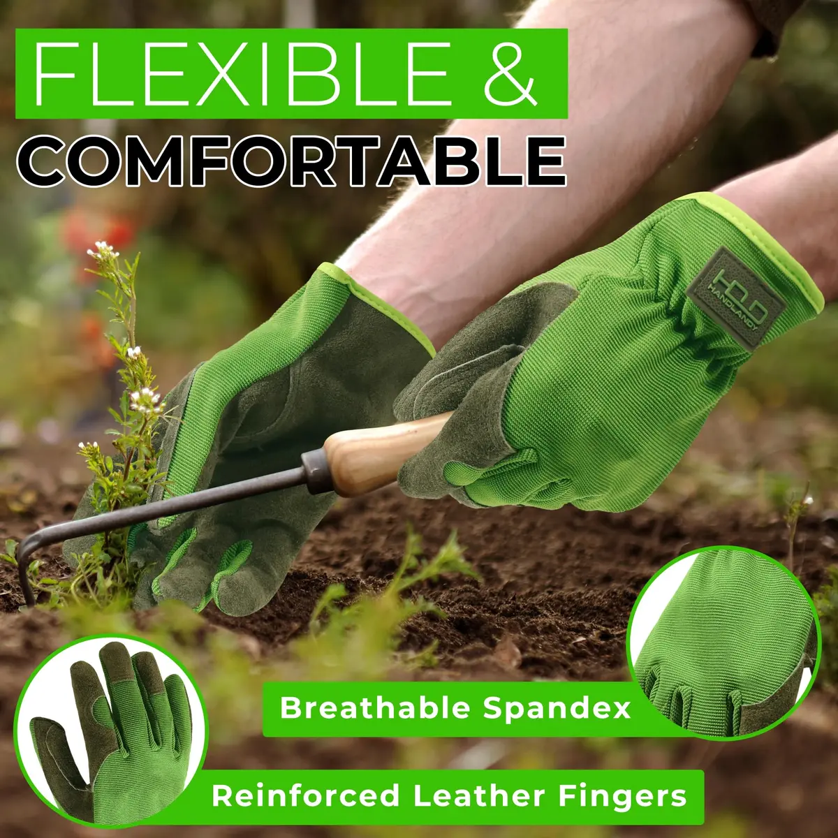 HANDLANDY Leather Gardening Gloves, Leather Work Gloves, Green, Large | Durable Cowhide & Breathable Spandex - view 3