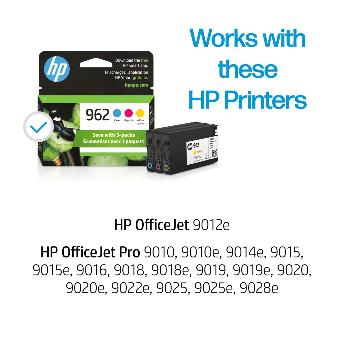 HP 962 Cyan, Magenta, Yellow Ink Cartridges | 700 Pages Per Color | Compatible with OfficeJet 9010, 9020 Series - view 2