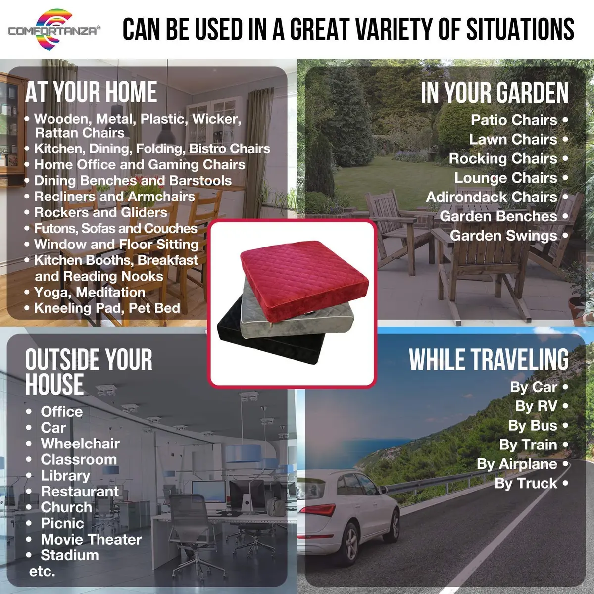 COMFORTANZA Soft 16x16x3 Memory Foam Seat Cushion for Kitchen, Dining, Office Chairs, Cars - Washable Velvety Cover with Waterproof Layer & Non-Slip Base - Comfort & Back Pain Relief - Gray - view 5