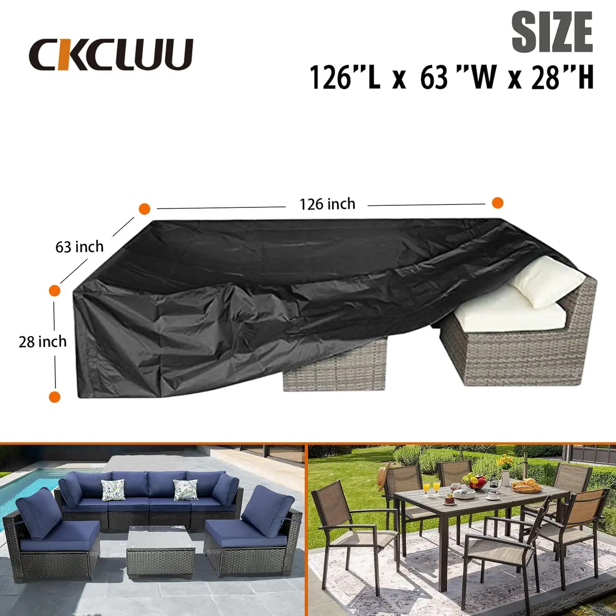 CKCLUU Heavy Duty Patio Furniture Cover 315cm L x 160cm W x 74cm H | All-Weather Protection for Sectional Sofas & Dining Sets - view 6