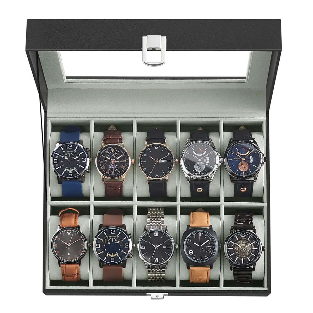 SONGMICS 10-Slot Watch Box Organizer with Glass Lid & Removable Pillows | 25.5cm (10") Wide - main product image