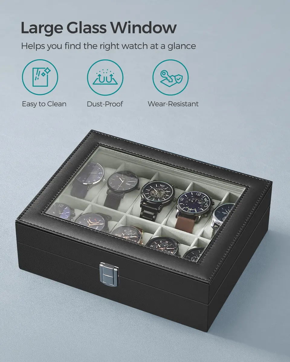 SONGMICS 10-Slot Watch Box Organizer with Glass Lid & Removable Pillows | 25.5cm (10") Wide - view 5
