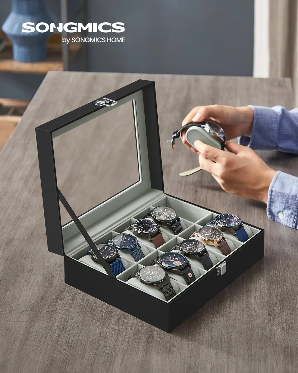 SONGMICS 10-Slot Watch Box Organizer with Glass Lid & Removable Pillows | 25.5cm (10") Wide - view 2