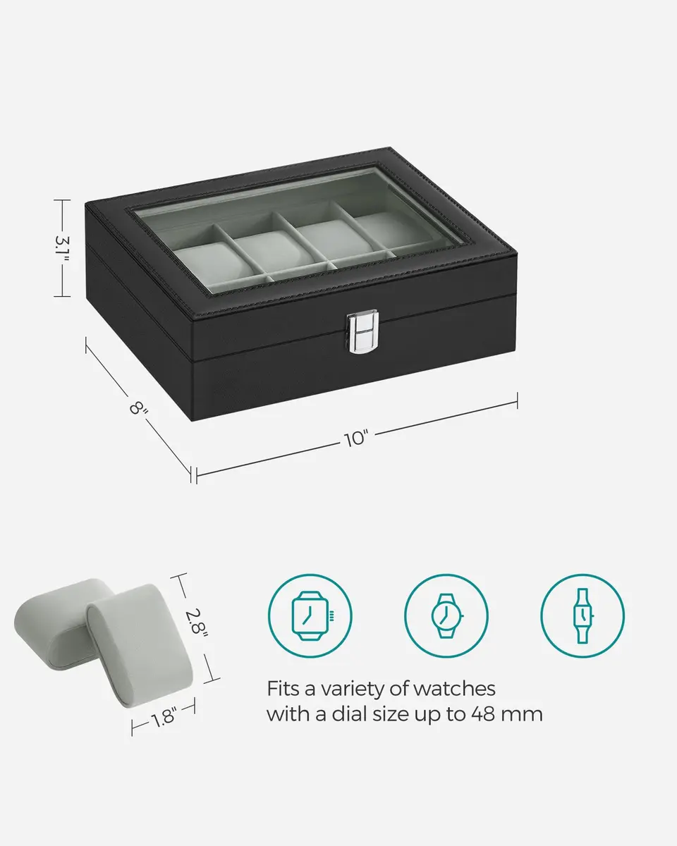 SONGMICS 10-Slot Watch Box Organizer with Glass Lid & Removable Pillows | 25.5cm (10") Wide - view 3