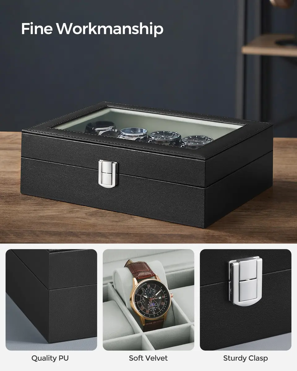 SONGMICS 10-Slot Watch Box Organizer with Glass Lid & Removable Pillows | 25.5cm (10") Wide - view 4