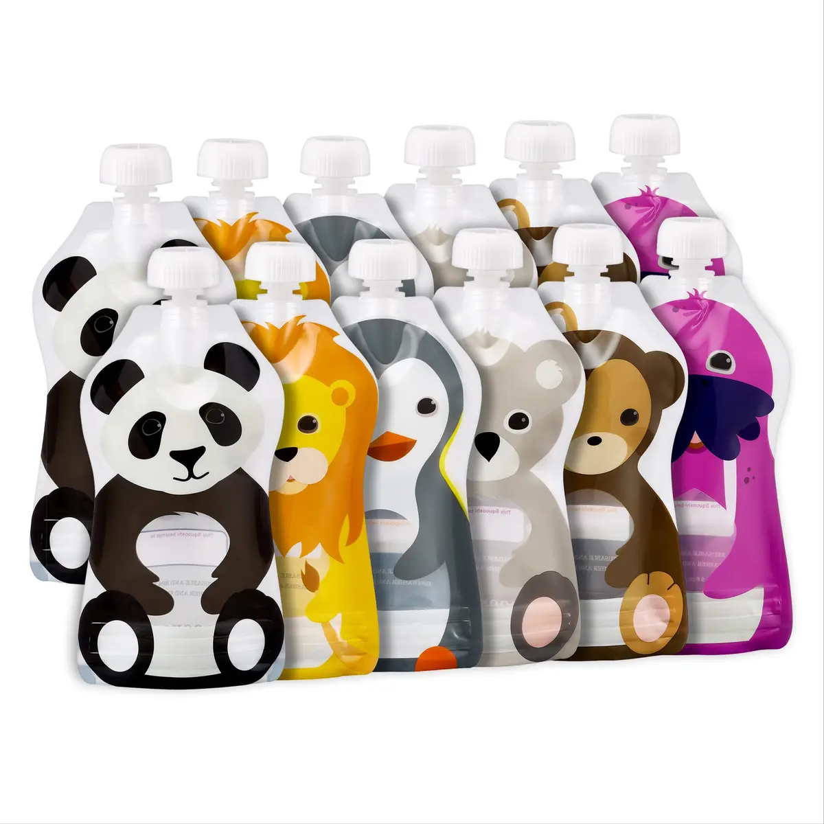 Squooshi Reusable Baby Food Pouches, 12 Pack, 5oz | BPA-Free, Freezer Safe, Assorted Animals - main product image