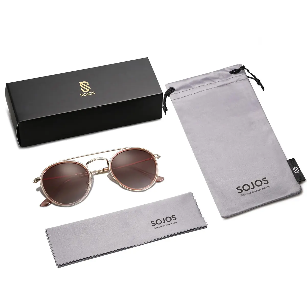 SOJOS Retro Vintage Round Polarized Sunglasses Small Double Bridge Circle Gold/Brown | UV400 Polarized - view 5