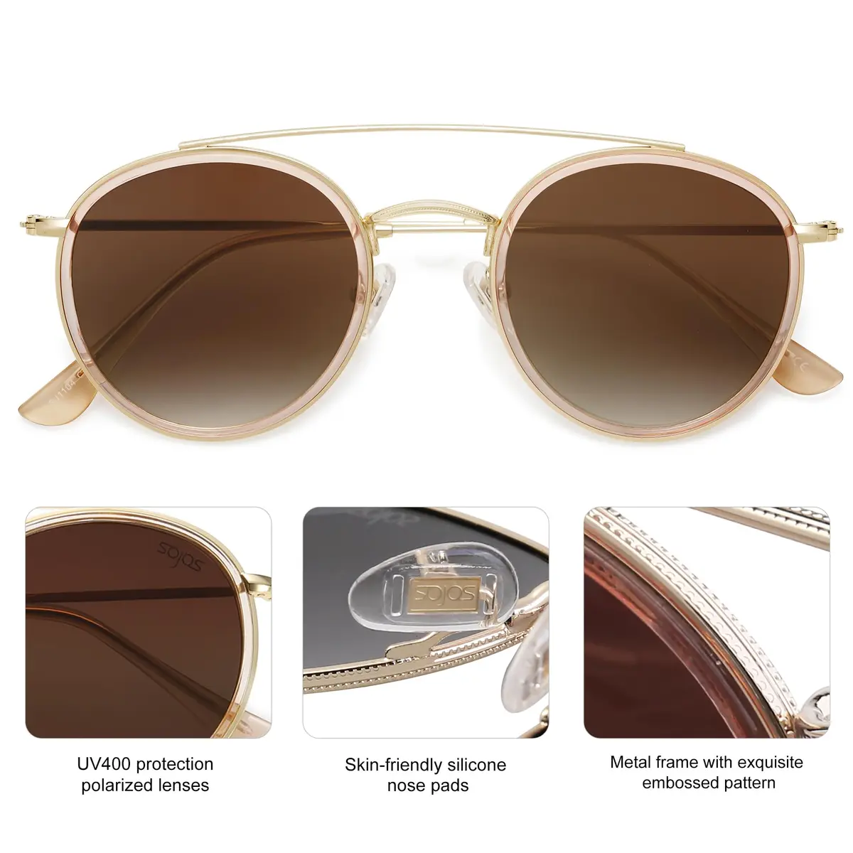 SOJOS Retro Vintage Round Polarized Sunglasses Small Double Bridge Circle Gold/Brown | UV400 Polarized - view 3