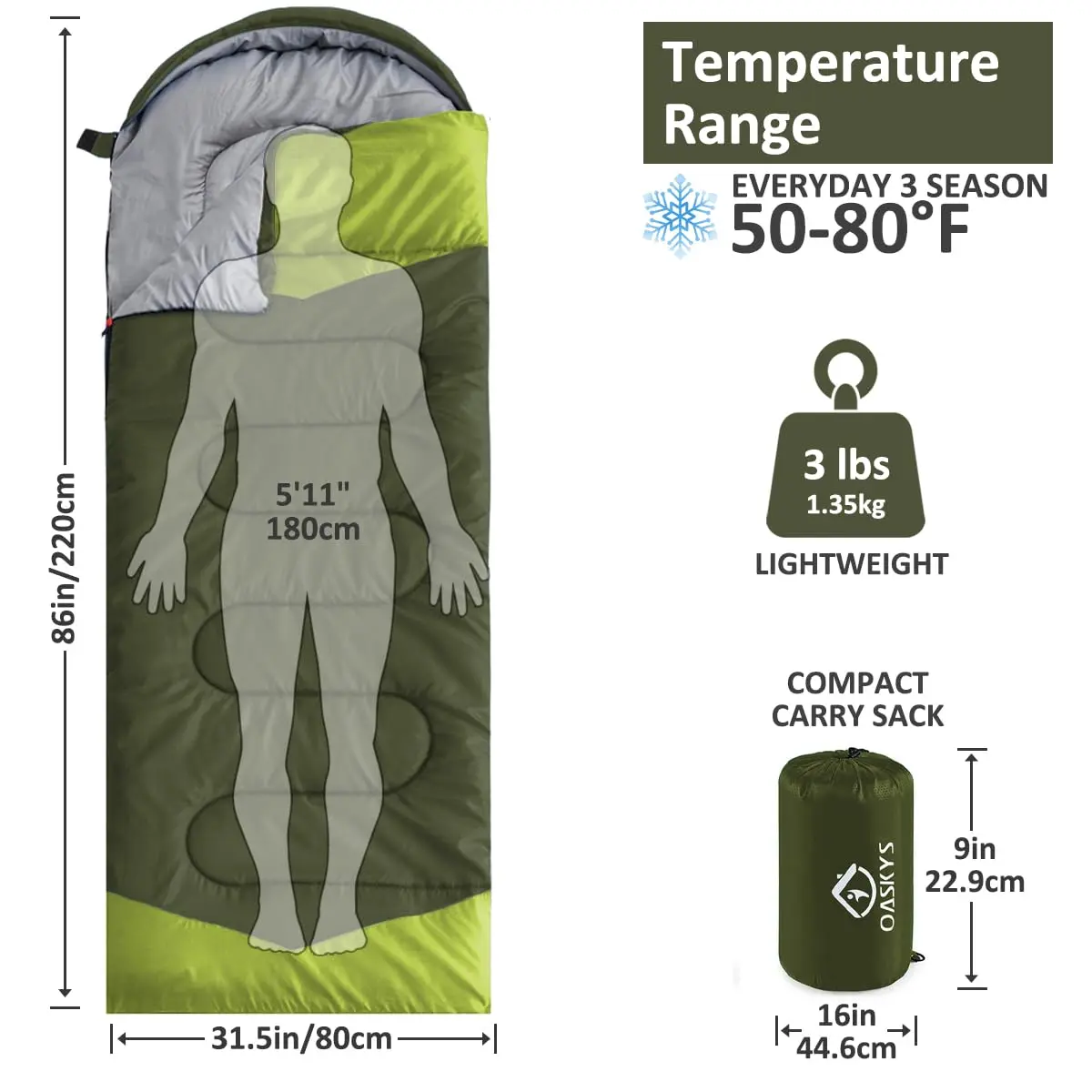 oaskys Camping Sleeping Bag 3 Seasons | Waterproof & Lightweight for Adults Kids - view 2