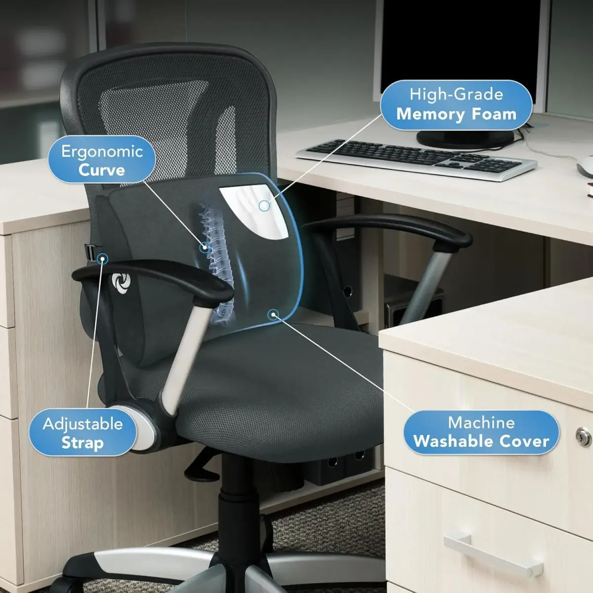 Samsonite Lumbar Support Pillow for Office Chair and Car Seat, Perfectly Balanced Memory Foam, Versatile Use Lower Back Cushion, Black Plush - view 5
