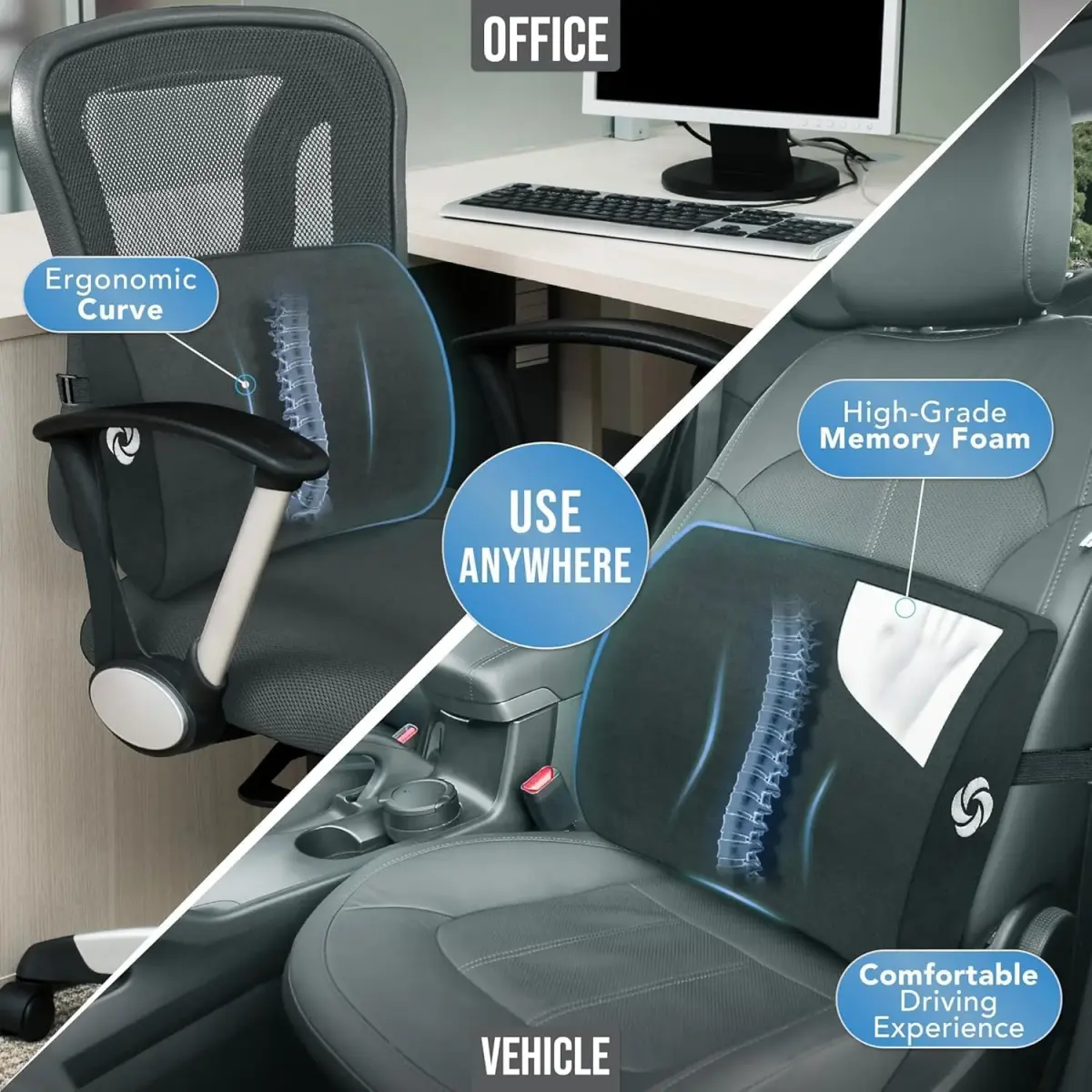Samsonite Lumbar Support Pillow for Office Chair and Car Seat, Perfectly Balanced Memory Foam, Versatile Use Lower Back Cushion, Black Plush - view 3