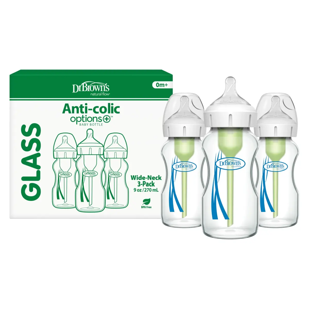 Dr. Brown's Natural Flow Options+ Wide-Neck Glass Baby Bottle 270ml (9 oz) | Clinically Proven Anti-Colic System - main product image