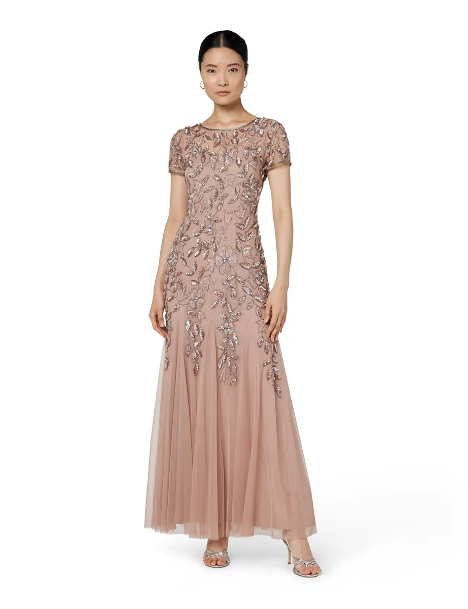 Adrianna Papell Floral Beaded Godet Evening Gown Rose Gold 4 | Elegant Floral Beaded Dress for Women - main product image