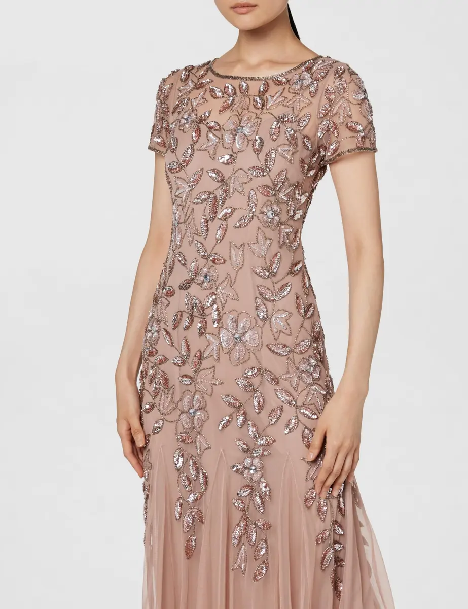 Adrianna Papell Floral Beaded Godet Evening Gown Rose Gold 4 | Elegant Floral Beaded Dress for Women - view 5