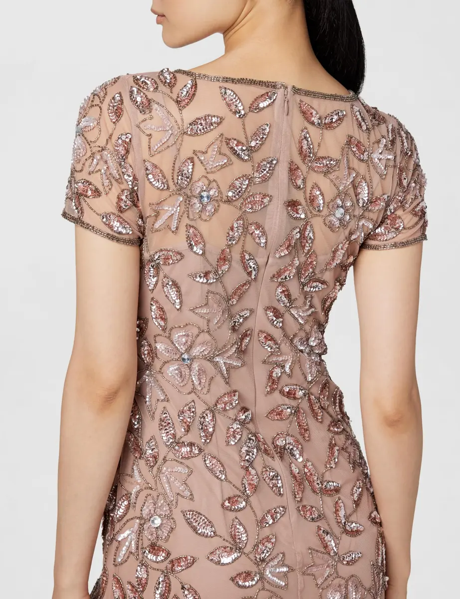 Adrianna Papell Floral Beaded Godet Evening Gown Rose Gold 4 | Elegant Floral Beaded Dress for Women - view 6