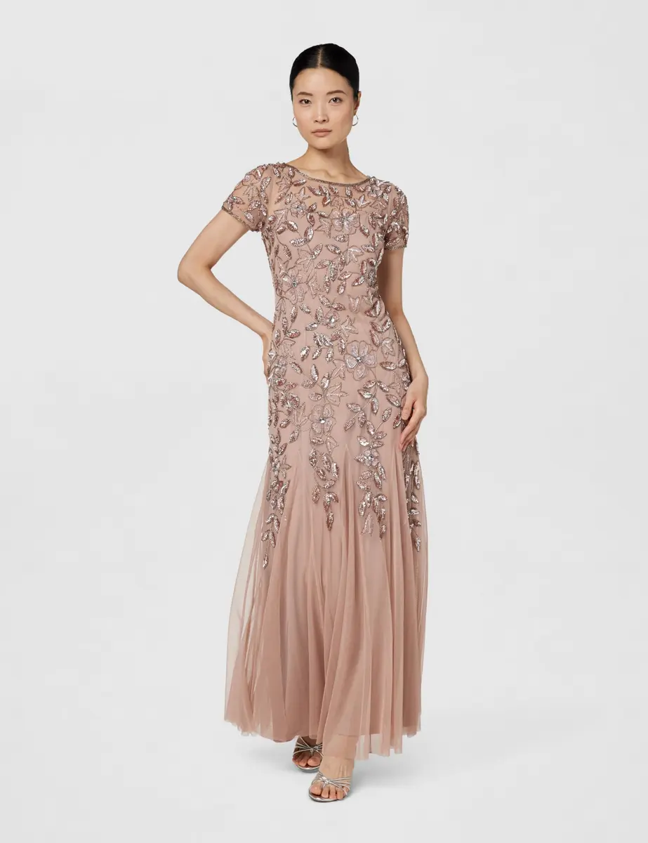Adrianna Papell Floral Beaded Godet Evening Gown Rose Gold 4 | Elegant Floral Beaded Dress for Women - view 7