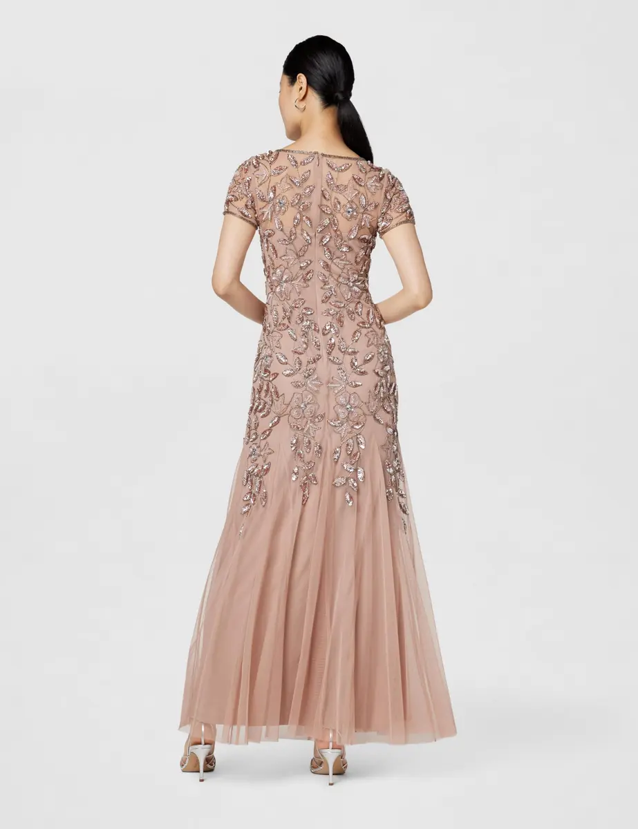 Adrianna Papell Floral Beaded Godet Evening Gown Rose Gold 4 | Elegant Floral Beaded Dress for Women - view 3