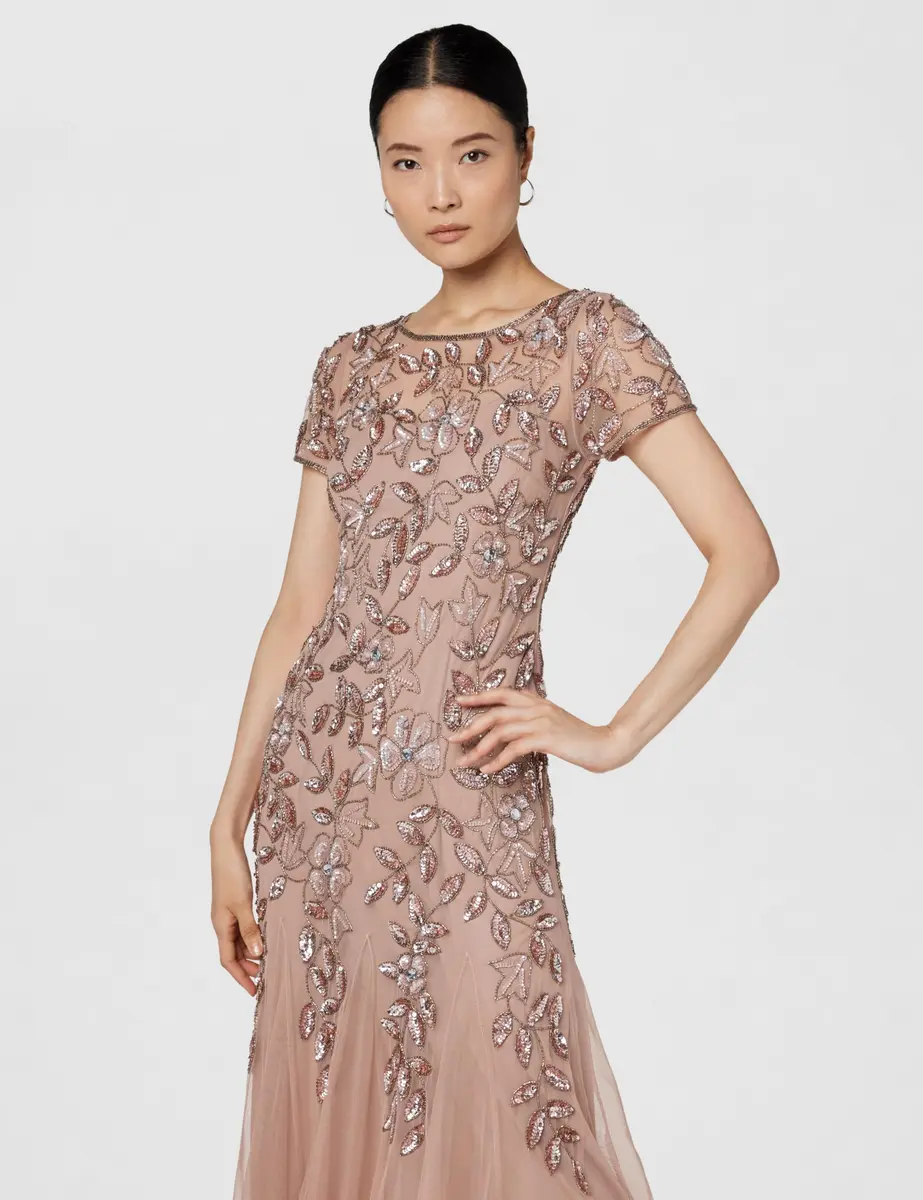 Adrianna Papell Floral Beaded Godet Evening Gown Rose Gold 4 | Elegant Floral Beaded Dress for Women - view 4