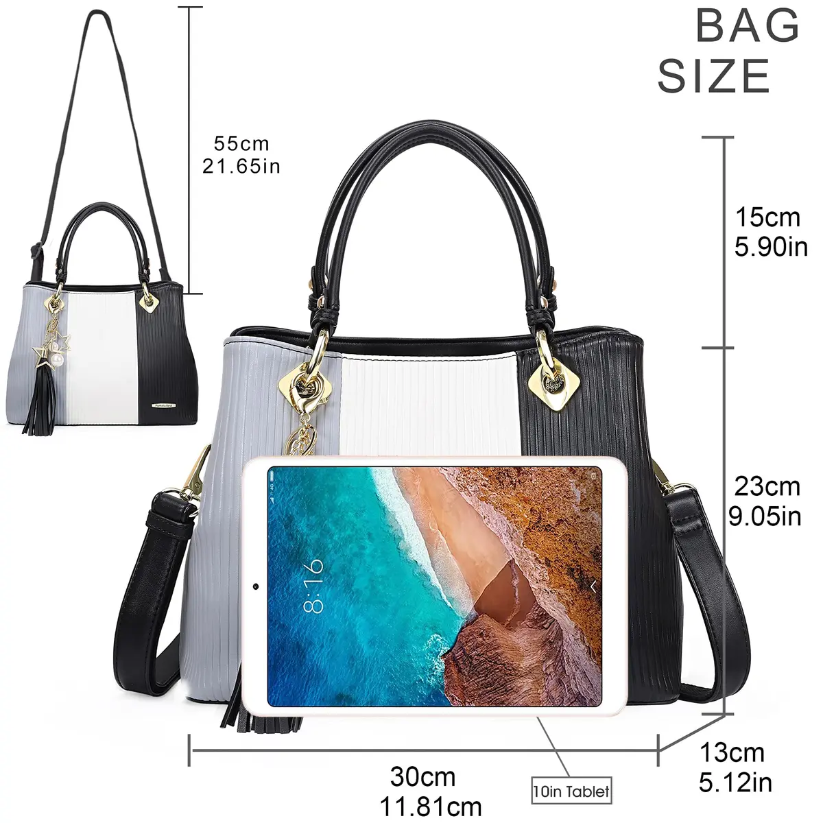 Pomelo Best Women's Handbag with Multiple Pockets | Stylish Top-Handle Satchel in Grey/White/Black - view 5