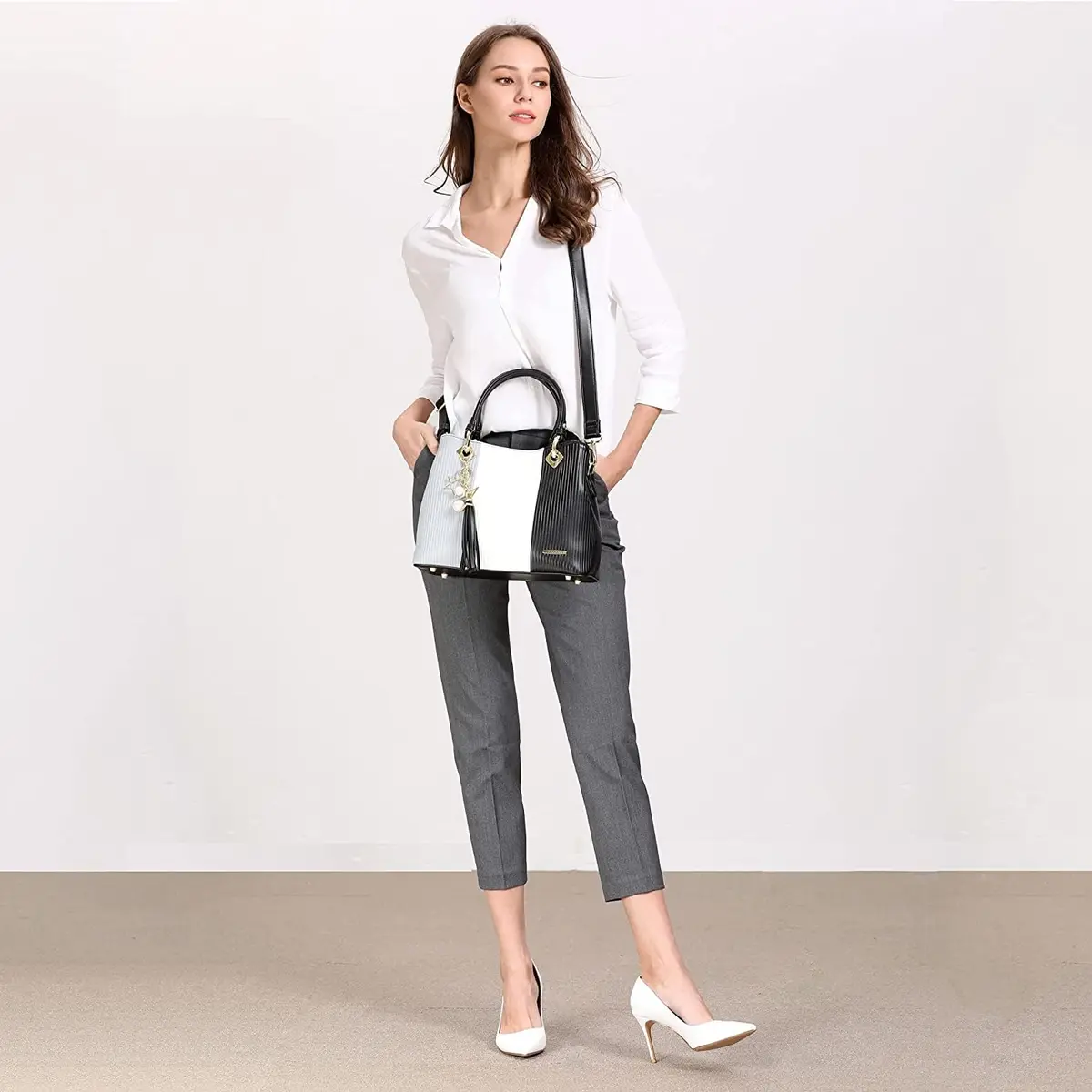 Pomelo Best Women's Handbag with Multiple Pockets | Stylish Top-Handle Satchel in Grey/White/Black - view 2