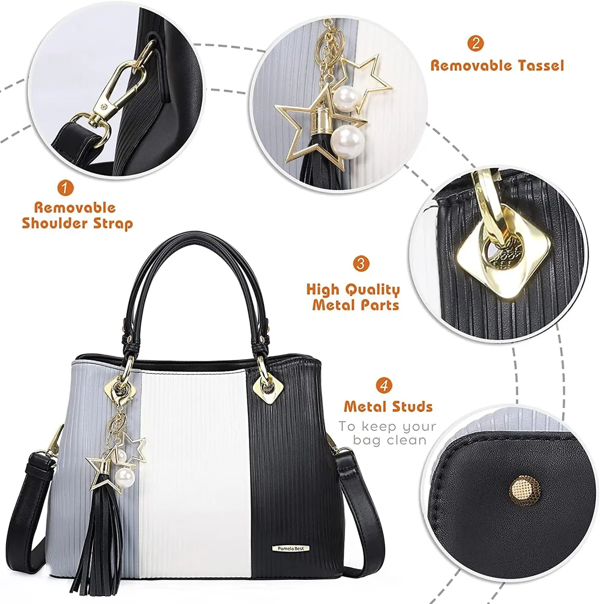 Pomelo Best Women's Handbag with Multiple Pockets | Stylish Top-Handle Satchel in Grey/White/Black - view 3